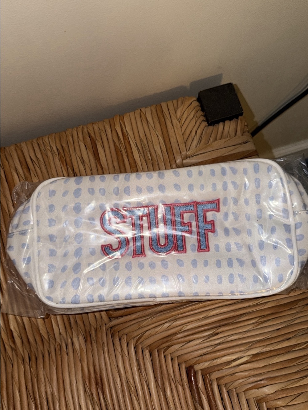 White Cosmetic Pouch with Light Blue Dot Print